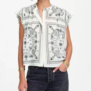 NWT Madewell Embroidered Poplin Shirred Button-Up Shirt White Dark Navy Medium